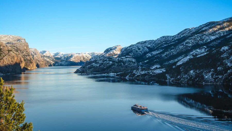 Stavanger: Electric Fjord Cruise to Lysefjord & Preikestolen - Seeing Preikestolen from below